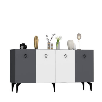 Komoda SONO – Široké a elegantné úložné riešenie pre obývaciu izbuKomoda SONO je ideálnym doplnkom pre modernú obývaciu izbu, ktorá kombinuje praktickosť s elegantným dizajnom. Vďaka štyrom plným dvierkam ponúka dostatok úložného priestoru pre všetky vaše potreby, či už ide o knihy, dekorácie alebo iné predmety. Kombinácia antracitovej a bielej farby dodáva interiéru štýlový a sofistikovaný vzhľad.S rozmermi 79 x 150 x 40 cm je komoda SONO nielen priestranná, ale aj praktická. Vyrobená z kvalitného LTD materiálu s hrúbkou 18 mm, zaisťuje pevnosť a dlhú životnosť. Kovové úchytky dodávajú moderný vzhľad, zatiaľ čo plastové nožičky poskytujú stabilitu a chránia podlahu pred poškriabaním.Hlavné vlastnosti:Typ tovaru: KomodaMateriál: LTDRozmer: 79 x 150 x 40 cmVybavenie: Dvierka plnéVzhľad: ŠirokáPočet dvierok: 4Úchytky: KovovéHrúbka materiálu: 18 mmDodatočné informácie: Dodávame v demonte, plastové nožičkyFarba: Antracit + bielaKomoda SONO je dodávaná v demontovanom stave s priloženým návodom na jednoduchú montáž. Tento moderný a praktický kus nábytku je perfektnou voľbou pre každého, kto hľadá štýlové a funkčné úložné riešenie pre svoju obývačku.