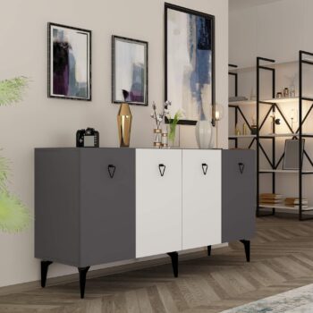 Komoda SONO – Široké a elegantné úložné riešenie pre obývaciu izbuKomoda SONO je ideálnym doplnkom pre modernú obývaciu izbu, ktorá kombinuje praktickosť s elegantným dizajnom. Vďaka štyrom plným dvierkam ponúka dostatok úložného priestoru pre všetky vaše potreby, či už ide o knihy, dekorácie alebo iné predmety. Kombinácia antracitovej a bielej farby dodáva interiéru štýlový a sofistikovaný vzhľad.S rozmermi 79 x 150 x 40 cm je komoda SONO nielen priestranná, ale aj praktická. Vyrobená z kvalitného LTD materiálu s hrúbkou 18 mm, zaisťuje pevnosť a dlhú životnosť. Kovové úchytky dodávajú moderný vzhľad, zatiaľ čo plastové nožičky poskytujú stabilitu a chránia podlahu pred poškriabaním.Hlavné vlastnosti:Typ tovaru: KomodaMateriál: LTDRozmer: 79 x 150 x 40 cmVybavenie: Dvierka plnéVzhľad: ŠirokáPočet dvierok: 4Úchytky: KovovéHrúbka materiálu: 18 mmDodatočné informácie: Dodávame v demonte, plastové nožičkyFarba: Antracit + bielaKomoda SONO je dodávaná v demontovanom stave s priloženým návodom na jednoduchú montáž. Tento moderný a praktický kus nábytku je perfektnou voľbou pre každého, kto hľadá štýlové a funkčné úložné riešenie pre svoju obývačku.