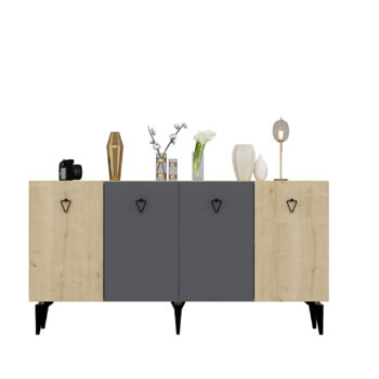 Komoda SONO – Široké a elegantné úložné riešenie pre obývaciu izbuKomoda SONO je ideálnym doplnkom pre modernú obývaciu izbu, ktorá kombinuje praktickosť s elegantným dizajnom. Vďaka štyrom plným dvierkam ponúka dostatok úložného priestoru pre všetky vaše potreby, či už ide o knihy, dekorácie alebo iné predmety. Kombinácia antracitovej a bielej farby dodáva interiéru štýlový a sofistikovaný vzhľad.S rozmermi 79 x 150 x 40 cm je komoda SONO nielen priestranná, ale aj praktická. Vyrobená z kvalitného LTD materiálu s hrúbkou 18 mm, zaisťuje pevnosť a dlhú životnosť. Kovové úchytky dodávajú moderný vzhľad, zatiaľ čo plastové nožičky poskytujú stabilitu a chránia podlahu pred poškriabaním.Hlavné vlastnosti:Typ tovaru: KomodaMateriál: LTDRozmer: 79 x 150 x 40 cmVybavenie: Dvierka plnéVzhľad: ŠirokáPočet dvierok: 4Úchytky: KovovéHrúbka materiálu: 18 mmDodatočné informácie: Dodávame v demonte, plastové nožičkyFarba: Antracit + dubKomoda SONO je dodávaná v demontovanom stave s priloženým návodom na jednoduchú montáž. Tento moderný a praktický kus nábytku je perfektnou voľbou pre každého, kto hľadá štýlové a funkčné úložné riešenie pre svoju obývačku.