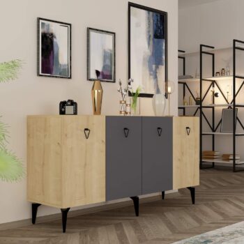 Komoda SONO – Široké a elegantné úložné riešenie pre obývaciu izbuKomoda SONO je ideálnym doplnkom pre modernú obývaciu izbu, ktorá kombinuje praktickosť s elegantným dizajnom. Vďaka štyrom plným dvierkam ponúka dostatok úložného priestoru pre všetky vaše potreby, či už ide o knihy, dekorácie alebo iné predmety. Kombinácia antracitovej a bielej farby dodáva interiéru štýlový a sofistikovaný vzhľad.S rozmermi 79 x 150 x 40 cm je komoda SONO nielen priestranná, ale aj praktická. Vyrobená z kvalitného LTD materiálu s hrúbkou 18 mm, zaisťuje pevnosť a dlhú životnosť. Kovové úchytky dodávajú moderný vzhľad, zatiaľ čo plastové nožičky poskytujú stabilitu a chránia podlahu pred poškriabaním.Hlavné vlastnosti:Typ tovaru: KomodaMateriál: LTDRozmer: 79 x 150 x 40 cmVybavenie: Dvierka plnéVzhľad: ŠirokáPočet dvierok: 4Úchytky: KovovéHrúbka materiálu: 18 mmDodatočné informácie: Dodávame v demonte, plastové nožičkyFarba: Antracit + dubKomoda SONO je dodávaná v demontovanom stave s priloženým návodom na jednoduchú montáž. Tento moderný a praktický kus nábytku je perfektnou voľbou pre každého, kto hľadá štýlové a funkčné úložné riešenie pre svoju obývačku.