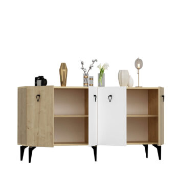Komoda SONO – Široké a elegantné úložné riešenie pre obývaciu izbuKomoda SONO je ideálnym doplnkom pre modernú obývaciu izbu, ktorá kombinuje praktickosť s elegantným dizajnom. Vďaka štyrom plným dvierkam ponúka dostatok úložného priestoru pre všetky vaše potreby, či už ide o knihy, dekorácie alebo iné predmety. Kombinácia antracitovej a bielej farby dodáva interiéru štýlový a sofistikovaný vzhľad.S rozmermi 79 x 150 x 40 cm je komoda SONO nielen priestranná, ale aj praktická. Vyrobená z kvalitného LTD materiálu s hrúbkou 18 mm, zaisťuje pevnosť a dlhú životnosť. Kovové úchytky dodávajú moderný vzhľad, zatiaľ čo plastové nožičky poskytujú stabilitu a chránia podlahu pred poškriabaním.Hlavné vlastnosti:Typ tovaru: KomodaMateriál: LTDRozmer: 79 x 150 x 40 cmVybavenie: Dvierka plnéVzhľad: ŠirokáPočet dvierok: 4Úchytky: KovovéHrúbka materiálu: 18 mmDodatočné informácie: Dodávame v demonte, plastové nožičkyFarba: Dub + bielaKomoda SONO je dodávaná v demontovanom stave s priloženým návodom na jednoduchú montáž. Tento moderný a praktický kus nábytku je perfektnou voľbou pre každého, kto hľadá štýlové a funkčné úložné riešenie pre svoju obývačku.