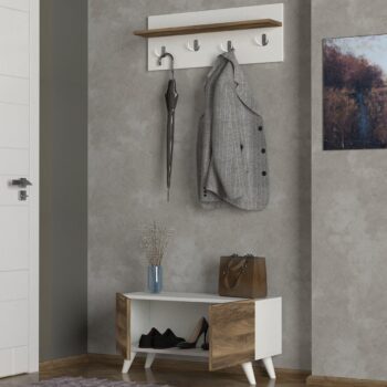 Predsieňová zostava SOREN bude ozdobou každej predsiene. Vďaka svojim rozmerom je vhodná predovšetkým do malých priestorov. Disponuje všetkým čo do predsiene potrebujete a do praktickými vešiakmi na závesnom paneli s policou a moderným botníkom na štýlových bielych nožičkách. Farebné prevedenie: biela matná / orechMateriál: 18 mm laminovaná doskaRozmery: š 80 x h 31,3 (ďalšie rozmery v nákrese)Dodávame v demonte.