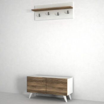 Predsieňová zostava SOREN bude ozdobou každej predsiene. Vďaka svojim rozmerom je vhodná predovšetkým do malých priestorov. Disponuje všetkým čo do predsiene potrebujete a do praktickými vešiakmi na závesnom paneli s policou a moderným botníkom na štýlových bielych nožičkách. Farebné prevedenie: biela matná / orechMateriál: 18 mm laminovaná doskaRozmery: š 80 x h 31,3 (ďalšie rozmery v nákrese)Dodávame v demonte.