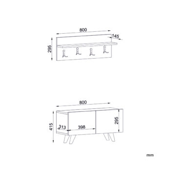 Predsieňová zostava SOREN bude ozdobou každej predsiene. Vďaka svojim rozmerom je vhodná predovšetkým do malých priestorov. Disponuje všetkým čo do predsiene potrebujete a do praktickými vešiakmi na závesnom paneli s policou a moderným botníkom na štýlových bielych nožičkách. Farebné prevedenie: biela matná / orechMateriál: 18 mm laminovaná doskaRozmery: š 80 x h 31,3 (ďalšie rozmery v nákrese)Dodávame v demonte.