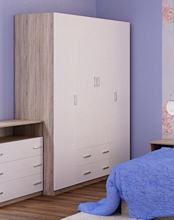 Elegantná spálňová zostava STANA vám umožní zariadiť si spálňu za mimoriadne priaznivú cenu a pritom štýlovo. Je vyrobená z kvalitnej 166 mm hrubej LTD dosky nenáročnej na udržiavanie. Úchyty sú plastové. Farebné prevedenie dub sonoma/biele drevo.Spálňová zostava obsahuje:manželská posteľ 160x200 (ŠxVxH) 170x95x2052x nočný stolík (ŠxVxH): 45x49,5x43komoda (ŠxVxH): 80x84x46šatníková skriňa (ŠxVxH): 160x205x67 cmRošt nie je súčasťou postele, odporúča sa dokúpiť rošť s rámom, nie lamelový rošt. Matrac nie je v cene postele, odporúča sa dokúpiť matrac v rozmere 160 x 200 cm. Dodávame v demonte. 