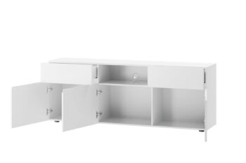 Televízny stolík STAND je jedným z prvkov atraktívneho nábytku STAND. Zaujme vás svojim dizajnom a funčknosťou.Je vyrobený z MDF dosiek. Tie sú pokryté matnou fóliou v modernej bielej farbe.TV stolík je trojdverový. Vo vnútri má praktický úložný priestor. Disponuje tiež dvomi zásuvkami a jednou otvorenou poličkou. TV stolík je bez úchytov.Rozmery (š,v,h): 165 x 62 x 38 cm.Nábytok STAND je v modernom a minimalistickom prevedení. Vďaka svojej univerzálnosti ho môžete použiť do rôznych miestností vášho domu. Výborne sa hodí do predsiene, obývačky alebo jedálne. Záleží len na vás a vašej fantázii, kde tento nábytok použijete. Jasné farby nábytku STAND rozsvietia a zútulnia interiér. Vďaka nemu sa budete cítiť u vás doma výborne.Dodávame v demontovanom stave. Záruka 24 mesiacov.