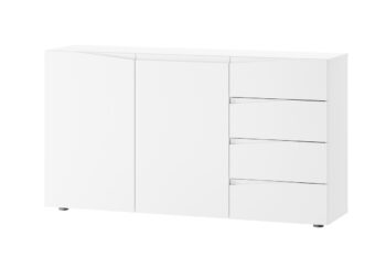 Komoda STAND je jedným z prvkov atraktívneho nábytku STAND. Zaujme vás svojim dizajnom a funčknosťou.Je vyrobená z MDF dosiek. Tie sú pokryté matnou fóliou v modernej bielej farbe.Komoda je dvojdverová. Vo vnútri nachádza polica. Disponuje tiež štyrmi praktickými zásuvkami. Komoda je bez úchytov.Rozmery (š,v,h): 150 x 83 x 38 cm.Nábytok STAND je v modernom a minimalistickom prevedení. Vďaka svojej univerzálnosti ho môžete použiť do rôznych miestností vášho domu. Výborne sa hodí do predsiene, obývačky alebo jedálne. Záleží len na vás a vašej fantázii, kde tento nábytok použijete. Jasné farby nábytku STAND rozsvietia a zútulnia interiér. Vďaka nemu sa budete cítiť u vás doma výborne.Dodávame v demontovanom stave. Záruka 24 mesiacov.