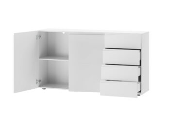 Komoda STAND je jedným z prvkov atraktívneho nábytku STAND. Zaujme vás svojim dizajnom a funčknosťou.Je vyrobená z MDF dosiek. Tie sú pokryté matnou fóliou v modernej bielej farbe.Komoda je dvojdverová. Vo vnútri nachádza polica. Disponuje tiež štyrmi praktickými zásuvkami. Komoda je bez úchytov.Rozmery (š,v,h): 150 x 83 x 38 cm.Nábytok STAND je v modernom a minimalistickom prevedení. Vďaka svojej univerzálnosti ho môžete použiť do rôznych miestností vášho domu. Výborne sa hodí do predsiene, obývačky alebo jedálne. Záleží len na vás a vašej fantázii, kde tento nábytok použijete. Jasné farby nábytku STAND rozsvietia a zútulnia interiér. Vďaka nemu sa budete cítiť u vás doma výborne.Dodávame v demontovanom stave. Záruka 24 mesiacov.