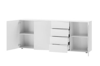 Komoda STAND je jedným z prvkov atraktívneho nábytku STAND. Zaujme vás svojim dizajnom a funčknosťou.Je vyrobená z MDF dosiek. Tie sú pokryté matnou fóliou v modernej bielej farbe.Komoda je trojdverová. Vo vnútri nachádzajú dve police. Disponuje tiež štyrmi praktickými zásuvkami. Komoda je bez úchytov.Rozmery (š,v,h): 200 x 83 x 38 cm.Nábytok STAND je v modernom a minimalistickom prevedení. Vďaka svojej univerzálnosti ho môžete použiť do rôznych miestností vášho domu. Výborne sa hodí do predsiene, obývačky alebo jedálne. Záleží len na vás a vašej fantázii, kde tento nábytok použijete. Jasné farby nábytku STAND rozsvietia a zútulnia interiér. Vďaka nemu sa budete cítiť u vás doma výborne.Dodávame v demontovanom stave. Záruka 24 mesiacov.
