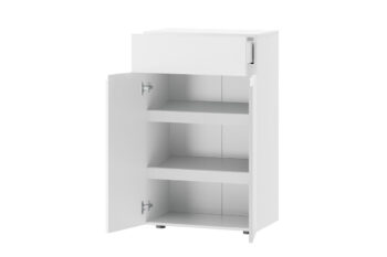 Komoda STAND je jedným z prvkov atraktívneho nábytku STAND. Zaujme vás svojim dizajnom a funčknosťou.Je vyrobená z MDF dosiek. Tie sú pokryté matnou fóliou v modernej bielej farbe.Komoda je dvojdverová. Vo vnútri nachádzajú dve police. Disponuje tiež jednou zásuvkou. Komoda je bez úchytov.Rozmery (š,v,h): 62 x 102 x 38 cm.Nábytok STAND je v modernom a minimalistickom prevedení. Vďaka svojej univerzálnosti ho môžete použiť do rôznych miestností vášho domu. Výborne sa hodí do predsiene, obývačky alebo jedálne. Záleží len na vás a vašej fantázii, kde tento nábytok použijete. Jasné farby nábytku STAND rozsvietia a zútulnia interiér. Vďaka nemu sa budete cítiť u vás doma výborne.Dodávame v demontovanom stave. Záruka 24 mesiacov.