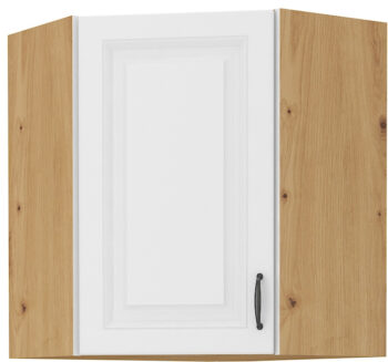 Horná rohováv skrinka STELLA 58X58 GN-72 je moderná a elegantná skrinka kuchynského nábytku STELLA.Kuchyňa STELLA svojim prevedením poteší všetkých zákazníkov, ktorí majú radi jednoduchosť, praktickosť a zároveň prijateľnú cenu. Je v modernom prevedení s čistými líniami a zároveň je priestranná a funkčná. Vďaka veľkému výberu kuchynského nábytku, ktoré STELLA poskytuje si poskladáte svoju kuchyňu podľa vašich predstáv. Skrinka je jednodverová. Korpus je vyrobený z kvalitných LTD dosiek v hrúbke 16mm, čelo skrinky je z kvalitného  MDF materiálu v hrúbke 16 mm. Farebné prevedenie skrinky je dub Artisan, farba dvierok biela matná. Interiér skrinky je biely. Predpripravené sú slepé vyvŕtané otvory pre rukoväte, pričom rukoväť je vyrobená z kovu v šírke 192 mm. Zaručene oceníte aj praktické pánty s tichý dovieraním.Rozmery: 585 x 715 x 585 mm (Š x V x H)Dodávame v demontovanom stave. V našej ponuke nájdete aj ďalšie kuchynské skrinky STELLA.