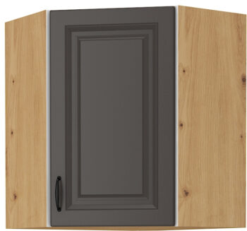 Horná rohováv skrinka STELLA 58X58 GN-72 je moderná a elegantná skrinka kuchynského nábytku STELLA.Kuchyňa STELLA svojim prevedením poteší všetkých zákazníkov, ktorí majú radi jednoduchosť, praktickosť a zároveň prijateľnú cenu. Je v modernom prevedení s čistými líniami a zároveň je priestranná a funkčná. Vďaka veľkému výberu kuchynského nábytku, ktoré STELLA poskytuje si poskladáte svoju kuchyňu podľa vašich predstáv. Skrinka je jednodverová. Korpus je vyrobený z kvalitných LTD dosiek v hrúbke 16mm, čelo skrinky je z kvalitného  MDF materiálu v hrúbke 16 mm. Farebné prevedenie skrinky je dub Artisan, farba dvierok šedá matná. Interiér skrinky je biely. Predpripravené sú slepé vyvŕtané otvory pre rukoväte, pričom rukoväť je vyrobená z kovu v šírke 192 mm. Zaručene oceníte aj praktické pánty s tichý dovieraním.Rozmery: 585 x 715 x 585 mm (Š x V x H)Dodávame v demontovanom stave. V našej ponuke nájdete aj ďalšie kuchynské skrinky STELLA.