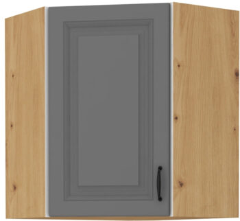 Horná rohováv skrinka STELLA 58X58 GN-72 je moderná a elegantná skrinka kuchynského nábytku STELLA.Kuchyňa STELLA svojim prevedením poteší všetkých zákazníkov, ktorí majú radi jednoduchosť, praktickosť a zároveň prijateľnú cenu. Je v modernom prevedení s čistými líniami a zároveň je priestranná a funkčná. Vďaka veľkému výberu kuchynského nábytku, ktoré STELLA poskytuje si poskladáte svoju kuchyňu podľa vašich predstáv. Skrinka je jednodverová. Korpus je vyrobený z kvalitných LTD dosiek v hrúbke 16mm, čelo skrinky je z kvalitného  MDF materiálu v hrúbke 16 mm. Farebné prevedenie skrinky je dub Artisan, farba dvierok šedá matná. Interiér skrinky je biely. Predpripravené sú slepé vyvŕtané otvory pre rukoväte, pričom rukoväť je vyrobená z kovu v šírke 192 mm. Zaručene oceníte aj praktické pánty s tichý dovieraním.Rozmery: 585 x 715 x 585 mm (Š x V x H)Dodávame v demontovanom stave. V našej ponuke nájdete aj ďalšie kuchynské skrinky STELLA.