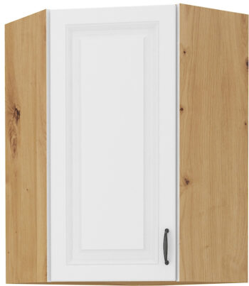 Horná rohová skrinka STELLA 58X58 GN-90 je moderná a elegantná skrinka kuchynského nábytku STELLA.Kuchyňa STELLA svojim prevedením poteší všetkých zákazníkov, ktorí majú radi jednoduchosť, praktickosť a zároveň prijateľnú cenu.Je v modernom prevedení s čistými líniami a zároveň je priestranná a funkčná. Vďaka veľkému výberu kuchynského nábytku, ktoré STELLA poskytuje si poskladáte svoju kuchyňu podľa vašich predstáv. Skrinka je jednodverová. Korpus je vyrobený z kvalitných LTD dosiek v hrúbke 16mm, čelo skrinky je z kvalitného  MDF materiálu v hrúbke 16 mm. Farebné prevedenie skrinky je dub Artisan, farba dvierok biela matná. Interiér skrinky je biely. Predpripravené sú slepé vyvŕtané otvory pre rukoväte, pričom rukoväť je vyrobená z kovu v šírke 192 mm. Zaručene oceníte aj praktické pánty s tichý dovieraním.Rozmery: 585 x 900 x 585 mm (Š x V x H)Dodávame v demontovanom stave. V našej ponuke nájdete aj ďalšie kuchynské skrinky STELLA.