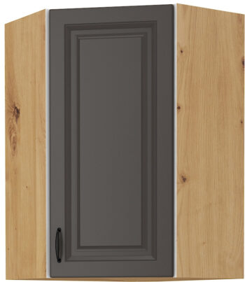 Horná rohová skrinka STELLA 58X58 GN-90 je moderná a elegantná skrinka kuchynského nábytku STELLA.Kuchyňa STELLA svojim prevedením poteší všetkých zákazníkov, ktorí majú radi jednoduchosť, praktickosť a zároveň prijateľnú cenu.Je v modernom prevedení s čistými líniami a zároveň je priestranná a funkčná. Vďaka veľkému výberu kuchynského nábytku, ktoré STELLA poskytuje si poskladáte svoju kuchyňu podľa vašich predstáv. Skrinka je jednodverová. Korpus je vyrobený z kvalitných LTD dosiek v hrúbke 16mm, čelo skrinky je z kvalitného  MDF materiálu v hrúbke 16 mm. Farebné prevedenie skrinky je dub Artisan, farba dvierok šedá matná. Interiér skrinky je biely. Predpripravené sú slepé vyvŕtané otvory pre rukoväte, pričom rukoväť je vyrobená z kovu v šírke 192 mm. Zaručene oceníte aj praktické pánty s tichý dovieraním.Rozmery: 585 x 900 x 585 mm (Š x V x H)Dodávame v demontovanom stave. V našej ponuke nájdete aj ďalšie kuchynské skrinky STELLA.