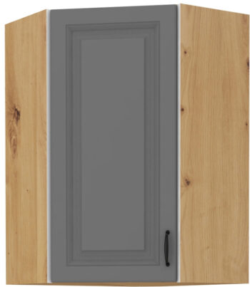 Horná rohová skrinka STELLA 58X58 GN-90 je moderná a elegantná skrinka kuchynského nábytku STELLA.Kuchyňa STELLA svojim prevedením poteší všetkých zákazníkov, ktorí majú radi jednoduchosť, praktickosť a zároveň prijateľnú cenu.Je v modernom prevedení s čistými líniami a zároveň je priestranná a funkčná. Vďaka veľkému výberu kuchynského nábytku, ktoré STELLA poskytuje si poskladáte svoju kuchyňu podľa vašich predstáv. Skrinka je jednodverová. Korpus je vyrobený z kvalitných LTD dosiek v hrúbke 16mm, čelo skrinky je z kvalitného  MDF materiálu v hrúbke 16 mm. Farebné prevedenie skrinky je dub Artisan, farba dvierok šedá matná. Interiér skrinky je biely. Predpripravené sú slepé vyvŕtané otvory pre rukoväte, pričom rukoväť je vyrobená z kovu v šírke 192 mm. Zaručene oceníte aj praktické pánty s tichý dovieraním.Rozmery: 585 x 900 x 585 mm (Š x V x H)Dodávame v demontovanom stave. V našej ponuke nájdete aj ďalšie kuchynské skrinky STELLA.