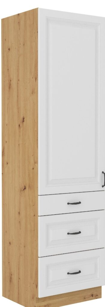 Vysoká skrinka STELLA 60 DKS je moderná a elegantná skrinka kuchynského nábytku STELLA.Kuchyňa STELLA svojim prevedením poteší všetkých zákazníkov, ktorí majú radi jednoduchosť, praktickosť a zároveň prijateľnú cenu.Je v modernom prevedení s čistými líniami a zároveň je priestranná a funkčná. Vďaka veľkému výberu kuchynského nábytku, ktoré STELLA poskytuje si poskladáte svoju kuchyňu podľa vašich predstáv. Skrinka je dvojdverová s troma zásuvkami, zásuvky PREMIUM BOX v šedej farbe. Korpus je vyrobený z kvalitných LTD dosiek v hrúbke 16mm, čelo skrinky je z kvalitného  MDF materiálu v hrúbke 16 mm. Farebné prevedenie skrinky je dub Artisan, farba dvierok biela matná. Interiér skrinky je biely. Predpripravené sú slepé vyvŕtané otvory pre rukoväte, pričom rukoväť je vyrobená z kovu v šírke 192 mm. Zaručene oceníte aj praktické pánty s tichý dovieraním.Rozmery: 600 x 2100 x 570 mm (Š x V x H)Dodávame v demontovanom stave. V našej ponuke nájdete aj ďalšie kuchynské skrinky STELLA.