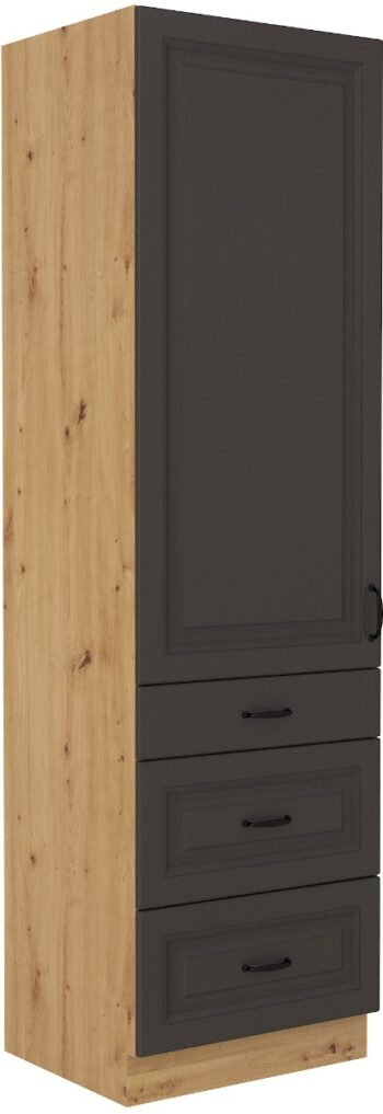 Vysoká skrinka STELLA 60 DKS je moderná a elegantná skrinka kuchynského nábytku STELLA.Kuchyňa STELLA svojim prevedením poteší všetkých zákazníkov, ktorí majú radi jednoduchosť, praktickosť a zároveň prijateľnú cenu.Je v modernom prevedení s čistými líniami a zároveň je priestranná a funkčná. Vďaka veľkému výberu kuchynského nábytku, ktoré STELLA poskytuje si poskladáte svoju kuchyňu podľa vašich predstáv. Skrinka je dvojdverová s troma zásuvkami, zásuvky PREMIUM BOX v šedej farbe. Korpus je vyrobený z kvalitných LTD dosiek v hrúbke 16mm, čelo skrinky je z kvalitného  MDF materiálu v hrúbke 16 mm. Farebné prevedenie skrinky je dub Artisan, farba dvierok šedá matná. Interiér skrinky je biely. Predpripravené sú slepé vyvŕtané otvory pre rukoväte, pričom rukoväť je vyrobená z kovu v šírke 192 mm. Zaručene oceníte aj praktické pánty s tichý dovieraním.Rozmery: 600 x 2100 x 570 mm (Š x V x H)Dodávame v demontovanom stave. V našej ponuke nájdete aj ďalšie kuchynské skrinky STELLA.