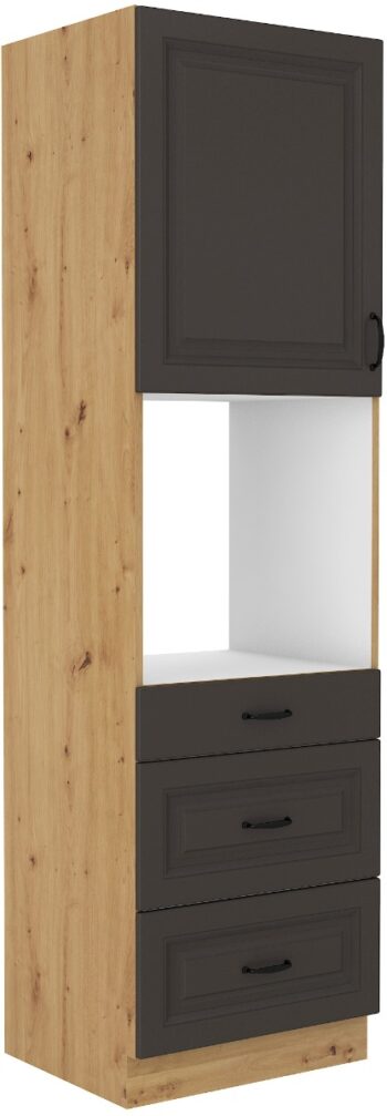 Vysoká skrinka STELLA 60 DPS na vstavanú rúru je moderná a elegantná skrinka kuchynského nábytku STELLA.Kuchyňa STELLA svojim prevedením poteší všetkých zákazníkov, ktorí majú radi jednoduchosť, praktickosť a zároveň prijateľnú cenu.Je v modernom prevedení s čistými líniami a zároveň je priestranná a funkčná. Vďaka veľkému výberu kuchynského nábytku, ktoré STELLA poskytuje si poskladáte svoju kuchyňu podľa vašich predstáv. Skrinka je jednodverová s otvorom na vstavanú rúru, v spodnej časti sa nachádzajú tri zásuvky PREMIUM BOX. Korpus je vyrobený z kvalitných LTD dosiek v hrúbke 16mm, čelo skrinky je z kvalitného  MDF materiálu v hrúbke 16 mm. Farebné prevedenie skrinky je dub Artisan, farba dvierok šedá matná. Interiér skrinky je biely. Predpripravené sú slepé vyvŕtané otvory pre rukoväte, pričom rukoväť je vyrobená z kovu v šírke 192 mm. Zaručene oceníte aj praktické pánty s tichý dovieraním. Rozmery: 600 x 2100 x 570 mm (Š x V x H)Dodávame v demontovanom stave. V našej ponuke nájdete aj ďalšie kuchynské skrinky STELLA.