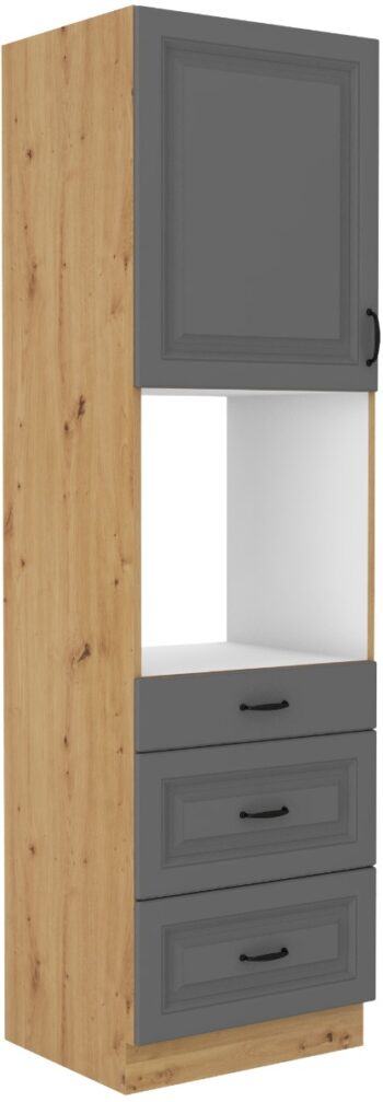 Vysoká skrinka STELLA 60 DPS na vstavanú rúru je moderná a elegantná skrinka kuchynského nábytku STELLA.Kuchyňa STELLA svojim prevedením poteší všetkých zákazníkov, ktorí majú radi jednoduchosť, praktickosť a zároveň prijateľnú cenu.Je v modernom prevedení s čistými líniami a zároveň je priestranná a funkčná. Vďaka veľkému výberu kuchynského nábytku, ktoré STELLA poskytuje si poskladáte svoju kuchyňu podľa vašich predstáv. Skrinka je jednodverová s otvorom na vstavanú rúru, v spodnej časti sa nachádzajú tri zásuvky PREMIUM BOX. Korpus je vyrobený z kvalitných LTD dosiek v hrúbke 16mm, čelo skrinky je z kvalitného  MDF materiálu v hrúbke 16 mm. Farebné prevedenie skrinky je dub Artisan, farba dvierok šedá matná. Interiér skrinky je biely. Predpripravené sú slepé vyvŕtané otvory pre rukoväte, pričom rukoväť je vyrobená z kovu v šírke 192 mm. Zaručene oceníte aj praktické pánty s tichý dovieraním. Rozmery: 600 x 2100 x 570 mm (Š x V x H)Dodávame v demontovanom stave. V našej ponuke nájdete aj ďalšie kuchynské skrinky STELLA.