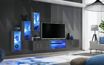 Atraktívna obývacia zostava STEROX je vminimalistickom prevedení. Je vhodná do moderných obývačiek. Poteší nejedného nadšenca nadčasového štýlu.Obývacia stena je vyrobená z kvalitných LTD dosiek, ktoré sa jednoducho udržiavajú. Korpus je v matnom prevedení. Rozmery celej zostavy (š,v,h): 240 x 170 x 40 cm.Rozmery jednotlivých prvkov zostavy:1 x závesný TV stolík v/š/h: 30/180/40 cm,3 x závesná skrinka v/š/h: 60/30/25 cm.LED osvetlenie je v cene zostavy. Zostavu si môžete zakúpiť len ako celok.Dodávame v demontovanom stave.