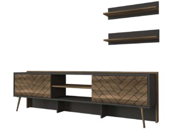 Predstavujeme STRATOS, obývaciu stenu, ktorá prináša do vašej obývačky eleganciu a moderný dizajn. Táto štýlová zostava v kombinácii antracitu a orecha je navrhnutá tak, aby poskytovala praktické a estetické riešenie pre vaše multimediálne zariadenia a ďalšie potreby.Detailné špecifikácieTyp tovaru: Obývacia stenaMateriál: Kvalitná LTD s hrúbkou materiálu 18 mm, zaisťujúca odolnosť a dlhú životnosť.Rozmery:TV stolík: 184 x 35 x 54 cm2x nástenná polica: 60 x 16 x 16 cmFarba: Elegantná kombinácia antracitu a orecha, ktorá dodáva priestoru moderný a príjemný vzhľad.Vybavenie: Regálka poskytujúca dostatok úložného priestoru pre elektroniku, knihy alebo dekorácie.Dodatočné informácie: Produkt je dodávaný v demontovanom stave, čo uľahčuje transport a montáž.Obývacia stena STRATOS je ideálnou voľbou pre tých, ktorí hľadajú moderný a funkčný nábytok s elegantným vzhľadom. Jej kombinácia antracitu a orecha a minimalistický dizajn prinášajú do vášho domova sviežosť a moderný štýl, zatiaľ čo poskytujú dostatok úložného priestoru pre všetky vaše potreby.