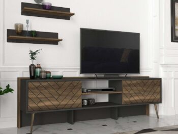 Predstavujeme STRATOS, obývaciu stenu, ktorá prináša do vašej obývačky eleganciu a moderný dizajn. Táto štýlová zostava v kombinácii antracitu a orecha je navrhnutá tak, aby poskytovala praktické a estetické riešenie pre vaše multimediálne zariadenia a ďalšie potreby.Detailné špecifikácieTyp tovaru: Obývacia stenaMateriál: Kvalitná LTD s hrúbkou materiálu 18 mm, zaisťujúca odolnosť a dlhú životnosť.Rozmery:TV stolík: 184 x 35 x 54 cm2x nástenná polica: 60 x 16 x 16 cmFarba: Elegantná kombinácia antracitu a orecha, ktorá dodáva priestoru moderný a príjemný vzhľad.Vybavenie: Regálka poskytujúca dostatok úložného priestoru pre elektroniku, knihy alebo dekorácie.Dodatočné informácie: Produkt je dodávaný v demontovanom stave, čo uľahčuje transport a montáž.Obývacia stena STRATOS je ideálnou voľbou pre tých, ktorí hľadajú moderný a funkčný nábytok s elegantným vzhľadom. Jej kombinácia antracitu a orecha a minimalistický dizajn prinášajú do vášho domova sviežosť a moderný štýl, zatiaľ čo poskytujú dostatok úložného priestoru pre všetky vaše potreby.