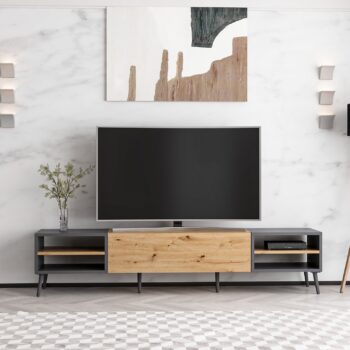 TV stolík STREAM – Moderný a funkčný doplnok do vašej obývačkyTV stolík STREAM prináša elegantnú kombináciu moderného dizajnu a praktického využitia. Vďaka jednému plnému dvierku a regálku ponúka dostatok úložného priestoru pre elektroniku, káble a ďalšie doplnky. Štýlová farebná kombinácia duba Artisan a antracitu dodáva stolíku jedinečný vzhľad, ktorý sa hodí do každej obývačky.Hlavné vlastnosti produktu:Typ tovaru: TV stolíkVhodné do miestnosti: Obývacia izbaMateriál: Melamín, VT laminátRozmery: 40 x 180 x 35 cmFarba: Dub Artisan + antracitVybavenie: Plné dvierka a regálokPočet dvierok: 1Hrúbka materiálu: 18 mmDodatočné informácie: Dodávame v demonteTV stolík STREAM je vyrobený z odolných materiálov, ktoré zaisťujú dlhú životnosť a jednoduchú údržbu. Jeho jednoduchý dizajn a praktické usporiadanie prispievajú k pohodliu a estetike vášho domova. Zaobstarajte si TV stolík STREAM a vytvorte si štýlový a organizovaný obývací priestor!