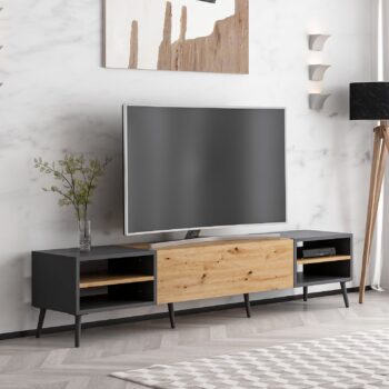 TV stolík STREAM – Moderný a funkčný doplnok do vašej obývačkyTV stolík STREAM prináša elegantnú kombináciu moderného dizajnu a praktického využitia. Vďaka jednému plnému dvierku a regálku ponúka dostatok úložného priestoru pre elektroniku, káble a ďalšie doplnky. Štýlová farebná kombinácia duba Artisan a antracitu dodáva stolíku jedinečný vzhľad, ktorý sa hodí do každej obývačky.Hlavné vlastnosti produktu:Typ tovaru: TV stolíkVhodné do miestnosti: Obývacia izbaMateriál: Melamín, VT laminátRozmery: 40 x 180 x 35 cmFarba: Dub Artisan + antracitVybavenie: Plné dvierka a regálokPočet dvierok: 1Hrúbka materiálu: 18 mmDodatočné informácie: Dodávame v demonteTV stolík STREAM je vyrobený z odolných materiálov, ktoré zaisťujú dlhú životnosť a jednoduchú údržbu. Jeho jednoduchý dizajn a praktické usporiadanie prispievajú k pohodliu a estetike vášho domova. Zaobstarajte si TV stolík STREAM a vytvorte si štýlový a organizovaný obývací priestor!