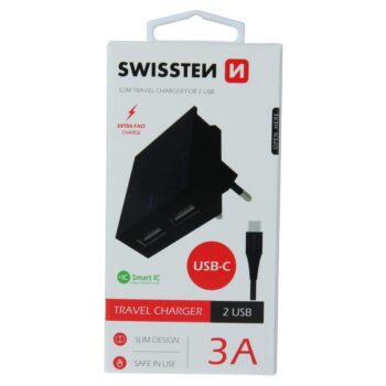SWISSTEN Adaptér 230V/3A  2xUSB + USB-C kábel 1,2m