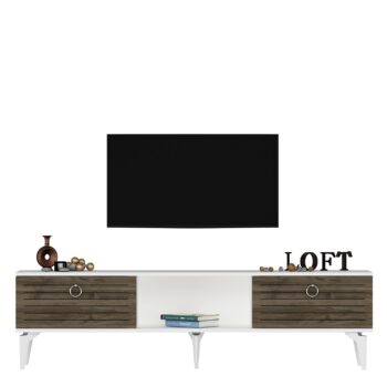 TV stolík SWORD - moderný a elegantný doplnok pre vašu obývaciu izbuTV stolík SWORD je skvelou voľbou pre tých, ktorí chcú skombinovať štýl a funkčnosť v jednom kuse nábytku. Tento stolík prináša do vašej obývačky čistý a moderný dizajn, ktorý sa ľahko prispôsobí rôznym štýlom interiéru.Vyrobený z odolného LTD materiálu s hrúbkou 18 mm, stolík SWORD je zárukou pevnosti a dlhej životnosti. Vybavený skrinkou s dvoma dvierkami a praktickým regálkom, ponúka dostatok priestoru pre vaše multimediálne zariadenia a ďalšie potreby. Kovové úchytky dodávajú stolíku moderný a sofistikovaný vzhľad a zároveň zaisťujú ľahké otváranie.Hlavné vlastnosti produktu:Typ tovaru: TV stolíkVhodné do miestnosti: obývacia izbaMateriál: LTDRozmery: 44.6 x 150 x 29.6 cmFarba: orech + bielaVybavenie: skrinka a regálPočet dvierok: 2Úchytky: kovDodatočné informácie: Dodávame v demonte, plastové nožičkyTV stolík SWORD je dodávaný v demontovanom stave, čo uľahčuje prepravu a montáž. Plastové nožičky zaisťujú stabilitu a ochranu podlahy pred poškodením.