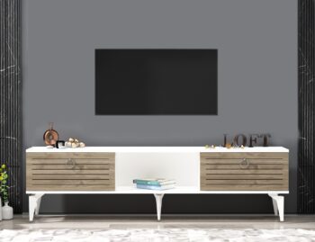 TV stolík SWORD - moderný a elegantný doplnok pre vašu obývaciu izbuTV stolík SWORD je skvelou voľbou pre tých, ktorí chcú skombinovať štýl a funkčnosť v jednom kuse nábytku. Tento stolík prináša do vašej obývačky čistý a moderný dizajn, ktorý sa ľahko prispôsobí rôznym štýlom interiéru.Vyrobený z odolného LTD materiálu s hrúbkou 18 mm, stolík SWORD je zárukou pevnosti a dlhej životnosti. Vybavený skrinkou s dvoma dvierkami a praktickým regálkom, ponúka dostatok priestoru pre vaše multimediálne zariadenia a ďalšie potreby. Kovové úchytky dodávajú stolíku moderný a sofistikovaný vzhľad a zároveň zaisťujú ľahké otváranie.Hlavné vlastnosti produktu:Typ tovaru: TV stolíkVhodné do miestnosti: obývacia izbaMateriál: LTDRozmery: 44.6 x 150 x 29.6 cmFarba: orech + bielaVybavenie: skrinka a regálPočet dvierok: 2Úchytky: kovDodatočné informácie: Dodávame v demonte, plastové nožičkyTV stolík SWORD je dodávaný v demontovanom stave, čo uľahčuje prepravu a montáž. Plastové nožičky zaisťujú stabilitu a ochranu podlahy pred poškodením.