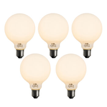 Sada 5 ks Stmievateľná LED žiarovka E27 opálové sklo G95 5W 450lm 2200K
