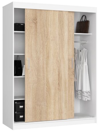 AIRI150 - Elegancia a funkčnosť pre vašu spálňu Materiál: Spoľahlivý a odolný LTD, ktorý zaručuje dlhovekosť a stabilitu vašej skrine.  Farba: Moderná kombinácia čisto bielej a teplého duba Sonoma dodá vašej spálni sofistikovaný vzhľad.  Rozmery: 200 x 150 x 60 cm - ideálna veľkosť pre uloženie všetkého vášho oblečenia bez zbytočného zaujímania priestoru. Vybavenie: Vysoko funkčný so 6 a viac policami, čo vám umožní udržať všetko v poriadku a ľahko dostupné.  Počet dverí: Dvojdverový dizajn pre ľahký a rýchly prístup k vašim veciam. Počet políc: 6 police ponúka množstvo možností pre organizáciu vašich vecí. li>  Objavte spojenie elegancie a praktickosti s AIRI150 šatníkovou skriňou. Perfektná voľba pre tých, ktorí hľadajú štýl a funkčnosť v jednom.
