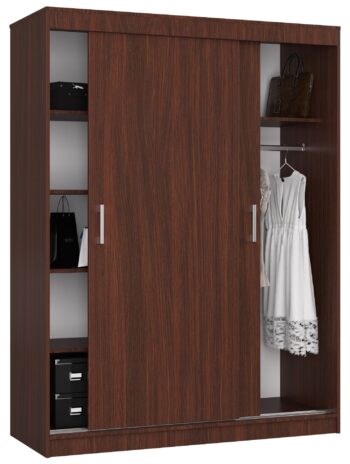 AIRI150 - Elegancia a funkčnosť v tmavom kabáte Materiál: Kvalitná LTD zaručuje, že táto skriňa vydrží roky bez známok opotrebovania.  Farba: Hlboký odtieň wenge dodá vašej spálni pocit luxusu a sofistikovanosti.  Rozmery: 200 x 150 x 60 cm - ideálna veľkosť, ktorá vám poskytne dostatok úložného priestoru bez toho, aby pôsobila masívne v miestnosti. Vybavenie: Viac ako 6 políc znamená, že môžete mať pre každý druh oblečenia špeciálne miesto. < strong>Počet dverí: Dvojdverový dizajn pre jednoduchý a rýchly prístup k všetkému, čo potrebujete. Počet políc: Celkom 6 pevných políc pre maximálne využitie úložného priestoru.< /li>  Výberom AIRI150 šatníkovej skrine do vašej spálne získate nielen úložný priestor, ale aj elegantný dizajnový kúsok, ktorý oživí každý interiér.