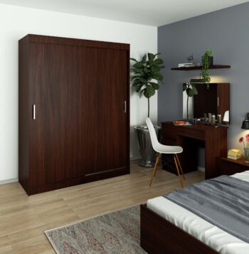 AIRI150 - Elegancia a funkčnosť v tmavom kabáte Materiál: Kvalitná LTD zaručuje, že táto skriňa vydrží roky bez známok opotrebovania.  Farba: Hlboký odtieň wenge dodá vašej spálni pocit luxusu a sofistikovanosti.  Rozmery: 200 x 150 x 60 cm - ideálna veľkosť, ktorá vám poskytne dostatok úložného priestoru bez toho, aby pôsobila masívne v miestnosti. Vybavenie: Viac ako 6 políc znamená, že môžete mať pre každý druh oblečenia špeciálne miesto. < strong>Počet dverí: Dvojdverový dizajn pre jednoduchý a rýchly prístup k všetkému, čo potrebujete. Počet políc: Celkom 6 pevných políc pre maximálne využitie úložného priestoru.< /li>  Výberom AIRI150 šatníkovej skrine do vašej spálne získate nielen úložný priestor, ale aj elegantný dizajnový kúsok, ktorý oživí každý interiér.