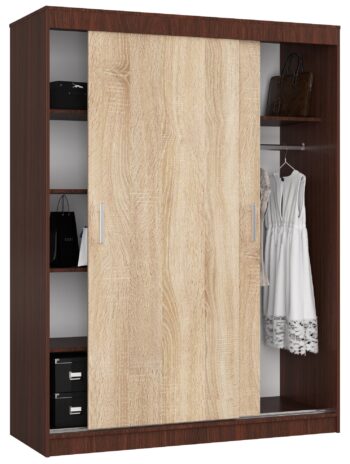 AIRI150 - Elegancia a funkčnosť v jednom Materiál: Kvalitný a odolný LTD zaručuje, že šatníková skriňa AIRI150 vám bude slúžiť mnoho rokov bez známok opotrebovania. < p>Farba: Dokonalá kombinácia hlbokého wenge a prírodného duba Sonoma prinesie do vašej spálne jedinečný a moderný vzhľad.  Rozmery: 200 x 150 x 60 cm - ideálna veľkosť pre uloženie všetkých vašich odevov a módnych doplnkov. Vybavenie: 6 a viac políc vám ponúka maximálnu flexibilitu pri organizácii oblečenia.  Počet dverí: Vďaka dvojdverovému dizajnu máte rýchly a jednoduchý prístup ku všetkým svojim veciam.  Šatníková skriňa AIRI150 vo farbe wenge doplnenej dubom Sonoma je ideálnym doplnkom pre každú spálňu. Ponúka kombináciu moderného designu s praktickosťou a priestrannosťou. Urobte svojej spálni miestom, kde sa dizajn stretáva s funkciou.