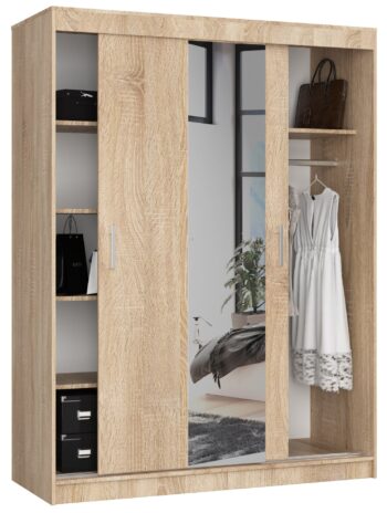AIRIZ150 - Elegancia duba Sonoma vo vašej spálni Materiál: Vysoko odolný LTD materiál zaisťuje, že šatníková skriňa AIRIZ150 prinesie dlhotrvajúcu kvalitu do vášho domova. Farba: Prírodné odtiene duba Sonoma prinášajú pokoj a pohodu, zatiaľ čo zároveň dodávajú priestoru teplý a moderný vzhľad.  Rozmery: 200 x 150 x 60 cm - ideálne rozmery pre maximálne využitie priestoru v spálni. Vybavenie: Elegantné zrkadlo pre denné skrášlenie a minimálne 6 políc, ktoré uľahčujú organizáciu vášho oblečenia a doplnkov. > Počet dverí: Dvojdverový dizajn pre ľahký prístup ku všetkým vašim obľúbeným kúskom.  Šatníková skriňa AIRIZ150 v odtieni dub Sonoma je nielen praktická, ale aj vizuálne pútavá. S integrovaným zrkadlom a šiestimi policami je táto skriňa ideálnym doplnkom pre každú spálňu, ktorá hľadá kombináciu štýlu a funkcie.