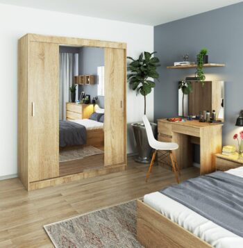 AIRIZ150 - Elegancia duba Sonoma vo vašej spálni Materiál: Vysoko odolný LTD materiál zaisťuje, že šatníková skriňa AIRIZ150 prinesie dlhotrvajúcu kvalitu do vášho domova. Farba: Prírodné odtiene duba Sonoma prinášajú pokoj a pohodu, zatiaľ čo zároveň dodávajú priestoru teplý a moderný vzhľad.  Rozmery: 200 x 150 x 60 cm - ideálne rozmery pre maximálne využitie priestoru v spálni. Vybavenie: Elegantné zrkadlo pre denné skrášlenie a minimálne 6 políc, ktoré uľahčujú organizáciu vášho oblečenia a doplnkov. > Počet dverí: Dvojdverový dizajn pre ľahký prístup ku všetkým vašim obľúbeným kúskom.  Šatníková skriňa AIRIZ150 v odtieni dub Sonoma je nielen praktická, ale aj vizuálne pútavá. S integrovaným zrkadlom a šiestimi policami je táto skriňa ideálnym doplnkom pre každú spálňu, ktorá hľadá kombináciu štýlu a funkcie.