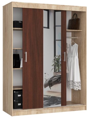 AIRIZ150 - Dokonalá kombinácia duba Sonoma a wenge Materiál: Kvalitný a dlhoveký materiál LTD zaručuje, že šatníková skriňa AIRIZ150 bude spoľahlivým a stálym doplnkom vášho interiéru. Farba: Elegancia duba Sonoma v kombinácii s temným a luxusným wenge tvorí dokonalú harmóniu, ktorá obohatí vzhľad vašej spálne.  Rozmery: 200 x 150 x 60 cm - priestranná, ale zároveň kompaktná, ideálna pre každú spálňu. Vybavenie: Integrované zrkadlo pre pohodlné skrášlenie každého dňa a minimálne 6 políc pre perfektnú organizáciu oblečenia a ďalších potrieb. Počet dverí: Dve dvere pre ľahký a rýchly prístup k vašim veciam.  Šatníková skriňa AIRIZ150< /strong> v kombinácii dub Sonoma a wenge je skvelým riešením pre tých, ktorí hľadajú spojenie moderného designu a funkčnosti. S praktickým zrkadlom a šiestimi policami je táto skriňa nevyhnutnosťou pre každú spálňu.