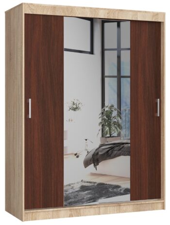 AIRIZ150 - Dokonalá kombinácia duba Sonoma a wenge Materiál: Kvalitný a dlhoveký materiál LTD zaručuje, že šatníková skriňa AIRIZ150 bude spoľahlivým a stálym doplnkom vášho interiéru. Farba: Elegancia duba Sonoma v kombinácii s temným a luxusným wenge tvorí dokonalú harmóniu, ktorá obohatí vzhľad vašej spálne.  Rozmery: 200 x 150 x 60 cm - priestranná, ale zároveň kompaktná, ideálna pre každú spálňu. Vybavenie: Integrované zrkadlo pre pohodlné skrášlenie každého dňa a minimálne 6 políc pre perfektnú organizáciu oblečenia a ďalších potrieb. Počet dverí: Dve dvere pre ľahký a rýchly prístup k vašim veciam.  Šatníková skriňa AIRIZ150< /strong> v kombinácii dub Sonoma a wenge je skvelým riešením pre tých, ktorí hľadajú spojenie moderného designu a funkčnosti. S praktickým zrkadlom a šiestimi policami je táto skriňa nevyhnutnosťou pre každú spálňu.