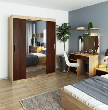AIRIZ150 - Dokonalá kombinácia duba Sonoma a wenge Materiál: Kvalitný a dlhoveký materiál LTD zaručuje, že šatníková skriňa AIRIZ150 bude spoľahlivým a stálym doplnkom vášho interiéru. Farba: Elegancia duba Sonoma v kombinácii s temným a luxusným wenge tvorí dokonalú harmóniu, ktorá obohatí vzhľad vašej spálne.  Rozmery: 200 x 150 x 60 cm - priestranná, ale zároveň kompaktná, ideálna pre každú spálňu. Vybavenie: Integrované zrkadlo pre pohodlné skrášlenie každého dňa a minimálne 6 políc pre perfektnú organizáciu oblečenia a ďalších potrieb. Počet dverí: Dve dvere pre ľahký a rýchly prístup k vašim veciam.  Šatníková skriňa AIRIZ150< /strong> v kombinácii dub Sonoma a wenge je skvelým riešením pre tých, ktorí hľadajú spojenie moderného designu a funkčnosti. S praktickým zrkadlom a šiestimi policami je táto skriňa nevyhnutnosťou pre každú spálňu.
