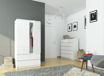 ALEXI90 - Elegancia lesklého dizajnu pre vašu spálňu Zoznámte sa s ALEXI90 - šatníkovou skriňou, ktorá kombinuje eleganciu bieleho lesku s funkcionalitou moderného nábytku. Táto šatníková skriňa predstavuje dokonalý spoj medzi štýlom a praktickosťou, ktorý dodá vašej spálni výnimočný vzhľad.  Materiál: Kvalitný MDF - symbol trvanlivosti a pevnosti. < li>Rozmery: Ideálne rozmery 180 x 90 x 51 cm, ktoré ponúkajú dostatok úložného priestoru. Farba a dekor: Elegantná biela spojená s bielym leskom - perfektná kombinácia pre moderné aj klasické interiéry. Vybavenie: Dve priestranné zásuvky a štyri praktické police pre jednoduchú organizáciu oblečenia. Design:< /strong> Dvojdverová konštrukcia s lesklým povrchom pre luxusný vzhľad.  Objavte krásu a funkčnosť ALEXI90. Táto šatníková skriňa je dokonalým doplnkom pre každú spálňu, ktorá si zakladá na štýlovom a praktickom nábytku.