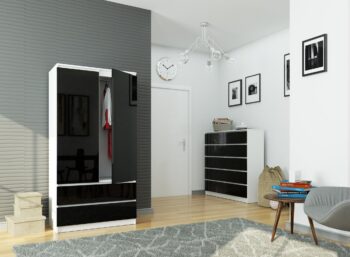 ALEXI90 - Elegantná skriňa s čiernym leskom pre luxusný interiér Potrebujete do svojej spálne skriňu, ktorá spája moderný dizajn s praktickosťou? Zoznámte sa s ALEXI90. Táto šatníková skriňa v kombinácii bielej a čierneho lesku prinesie do vášho interiéru nádych luxusu.  Materiál: Kvalitné LTD, zaisťujúce vysokú odolnosť a trvanlivosť produktu. < li>Rozmery: Priestranné rozmery 180 x 90 x 51 cm umožňujú uskladniť mnoho oblečenia a doplnkov. Farba a dekor: Biela farba v kombinácii s čiernym leskom dodá vašej izbe elegantný a sofistikovaný vzhľad. Vybavenie: Dve zásuvky a štyri police ponúkajú množstvo možností na uskladnenie vašich vecí. Design:  Dvojdverová konštrukcia s lesklým povrchom pre ten pravý mestský štýl.  Skriňa ALEXI90 je dokonalou voľbou pre tých, ktorí hľadajú kombináciu moderného dizajnu a funkčnosti. Dajte svojej spálni nový, luxusný vzhľad s týmto elegantným kúskom nábytku.