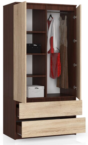 Šatníková skriňa ALEXI90: Elegantná kombinácia wenge a dubu Sonoma Objavte dokonalú kombináciu štýlu a funkčnosti s našou šatníkovou skriňou ALEXI90. Kombinácia temného wenge a prírodného dubu Sonoma prináša do vašej spálne atmosféru luxusu a útulnosti. Materiál: Vyrobené z odolného LTD materiálu, táto skriňa je zárukou kvality a dlhej životnosti. > Farba: Harmónia temného wenge a svetlého duba Sonoma dodáva skrini jedinečný vzhľad.  Rozmery: 180 x 90 x 51 cm - ideálne rozmery pre účinnú organizáciu vášho oblečenia. Funkcia: Tiché dovieranie dverí zaisťuje jemné a hluché zatváranie, čo predlžuje životnosť skrine. Vybavenie : Dve zásuvky pre drobné predmety a štyri priestranné police na skladovanie vášho oblečenia. Design: Dvojdverový dizajn poskytuje ľahký prístup k vášmu oblečeniu a zároveň dodáva skrini moderný vzhľad.   So šatníkovou skriňou ALEXI90 získate nielen úložný priestor, ale aj dizajnový kúsok, ktorý bude dominovať vašej spálni. Vytvorte si svoj vlastný štýl s touto modernou a praktickou skriňou.