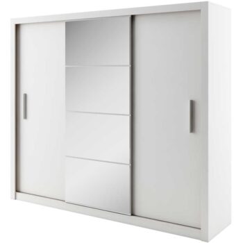Elegantná šatníková skriňa IDEAL 01 s posuvnými dverami. Nábytok je vyrobený z kvalitnej LTD dosky. Farebné prevedenie: biela matná. Korpus skrine je v matnom prevedení. Čelá skrine sú v matnom prevedení.Vo vnútri je skriňa riešená vešiakovými tyčami a policami, čim poskytuje dostatok úložného priestoru. Rozmery v/š/h 215 x 250 x 60 cm.Ďalšie farebné prevedenia v ponuke. Dodávame v demontovanom stave.