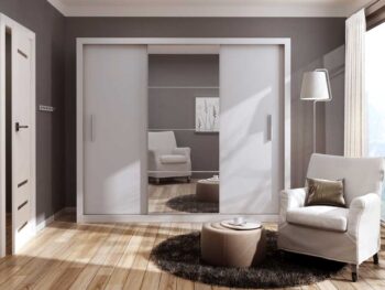 Elegantná šatníková skriňa IDEAL 01 s posuvnými dverami. Nábytok je vyrobený z kvalitnej LTD dosky. Farebné prevedenie: biela matná. Korpus skrine je v matnom prevedení. Čelá skrine sú v matnom prevedení.Vo vnútri je skriňa riešená vešiakovými tyčami a policami, čim poskytuje dostatok úložného priestoru. Rozmery v/š/h 215 x 250 x 60 cm.Ďalšie farebné prevedenia v ponuke. Dodávame v demontovanom stave.