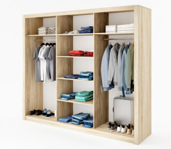 Elegantná šatníková skriňa IDEAL 01 s posuvnými dverami je štýlovým a praktickým nábytkom. Okrem úložného priestoru, ktorý ponúka police aj vešiakové tyče, oceníte zrkadlovú plochu umiestnenú na stredových dverách.  Nábytok je vyrobený z kvalitnej LTD dosky.  Farebné prevedenie: dub shetland.Rozmery v/š/h 215 x 250 x 60 cm. Dodávame v demontovanom stave.V našej ponuke nájdete aj ďalšie farebné prevedenia skrine IDEAL 01 ako aj ďalšie prvky IDEAL, z ktorých si dokážete vytvoriť elegantnú spálňu.