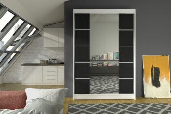 Dvojdverová šatníková skriňa LONY 5 Vás zaujme svojím moderným dizajnom, ktorý doladí dizajn Vašej miestnosti. Skriňa LONY je vyrobená z LTD dosky, ktorá je nenáročná na údržbu. Zrkadlo, ktoré sa nachádza na dverách skrine Vám opticky zväčší priestor miestnosti.Šatníková skriňa LONY 5 má na ľavej strane policu, kde si zavesíte všetko čo potrebuje a na prvej strane je policová časť, ktorá Vám poskytne veľký úložný priestor.Rozmery (ŠxVxH) : 120 x 200 x 58 cmFarebné prevdenie : biela/ čiernaDodávame v demonte.