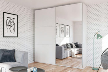 Šatníková skriňa PIERY patrí k moderným a atraktívnym kúskom spálňového nábytku. Je vhodná do rôznych typov interiérov.Je vyrobená z kvalitnej LTD dosky. Na skrini sa nachádza veľké priestranné zrkadlo, čo poteší najmä ženy. Posuvné dvere disponujú bezúchytovým systémom otvárania. Je v bielom farebnom prevedení.Šatníková skriňa je dvojdverová. V strednej časti skrine sa nachádzajú dve šatníkové tyče. V ľavej a pravej časti skrine sa nachádzajú štyri praktické police.Rozmery (š,v,h): 200 x 244 x 65 cm.Dodávame v demontovanom stave.